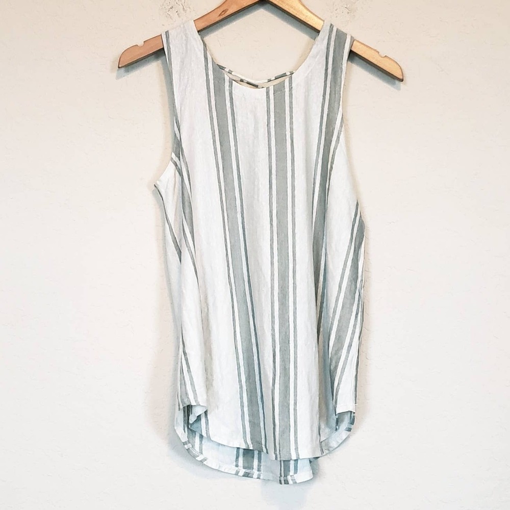 Chaser Linen Blend Striped Lace Up Back Tank Top Women's Medium Casual Summer